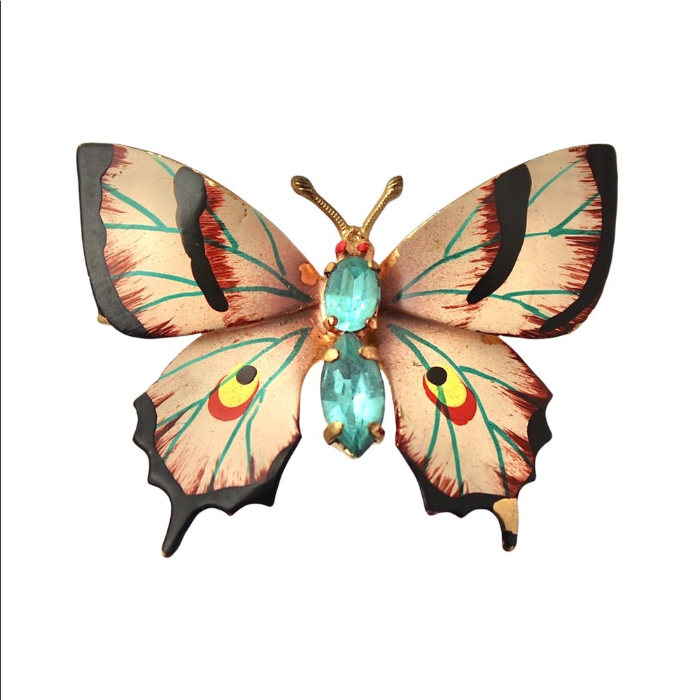 Vintage Czechoslovakia Butterfly Brooch Hand Painted Enamel Aqua Blue Rhinestone